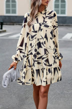 Ruffle Neck Abstract Print Long Sleeve Tiered Dress | Mixtshop LLC