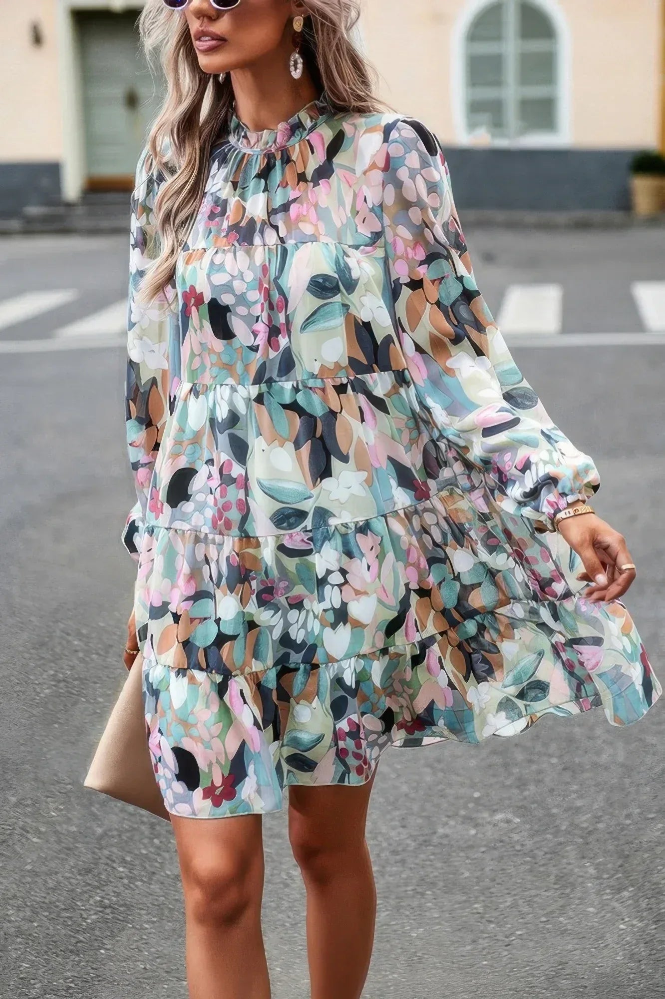 Ruffle Neck Abstract Print Long Sleeve Tiered Dress | Mixtshop LLC