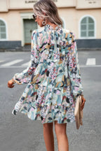 Ruffle Neck Abstract Print Long Sleeve Tiered Dress | Mixtshop LLC