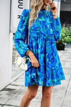 Ruffle Neck Abstract Print Long Sleeve Tiered Dress | Mixtshop LLC