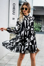 Ruffle Neck Abstract Print Long Sleeve Tiered Dress | Mixtshop LLC