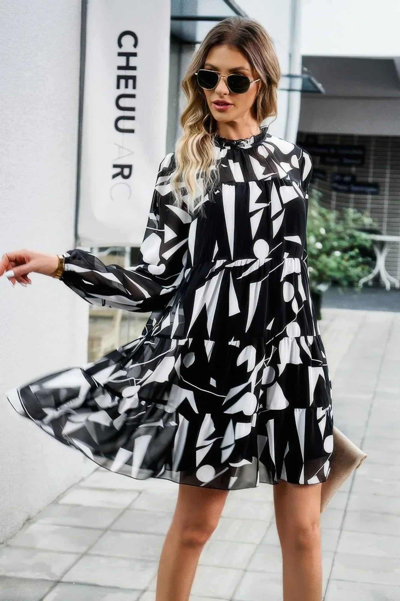 Ruffle Neck Abstract Print Long Sleeve Tiered Dress | Mixtshop LLC