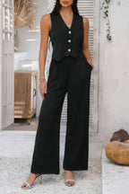 Solid V Neck Button Vest Pleated Suit Sets | Mixtshop LLC