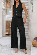 Solid V Neck Button Vest Pleated Suit Sets | Mixtshop LLC