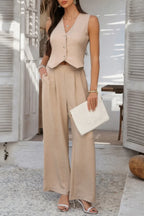 Solid V Neck Button Vest Pleated Suit Sets | Mixtshop LLC