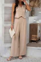 Solid V Neck Button Vest Pleated Suit Sets | Mixtshop LLC