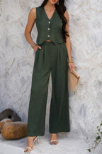 Solid V Neck Button Vest Pleated Suit Sets | Mixtshop LLC