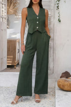 Solid V Neck Button Vest Pleated Suit Sets | Mixtshop LLC