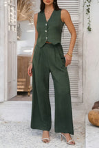 Solid V Neck Button Vest Pleated Suit Sets | Mixtshop LLC