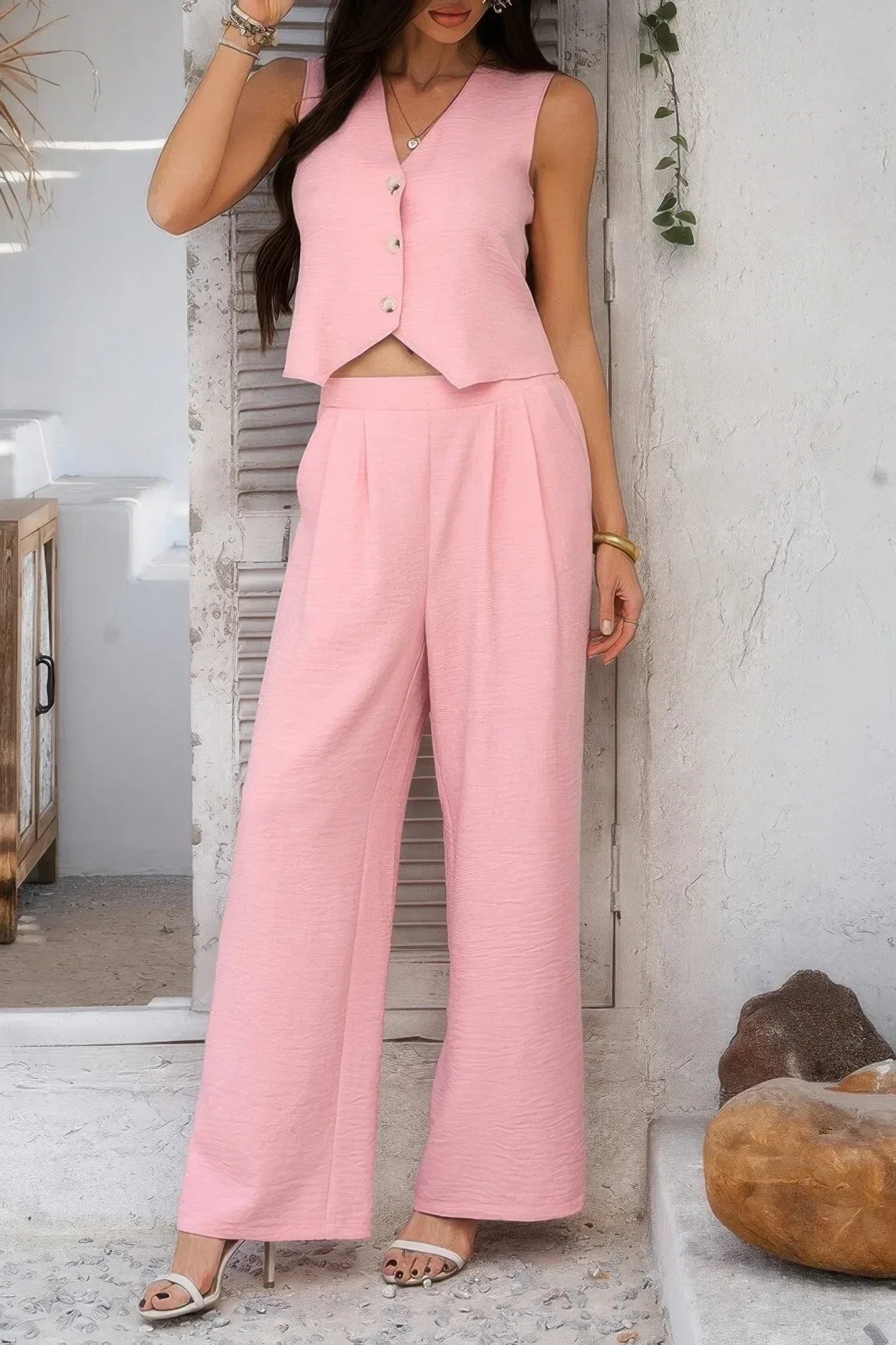 Solid V Neck Button Vest Pleated Suit Sets | Mixtshop LLC