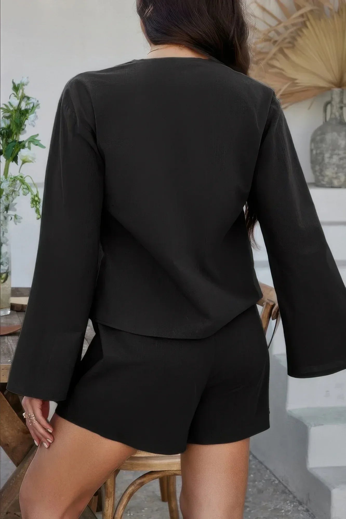 Two Pieces Tie Open Front V Neck Long Sleeve Sets Secondary image