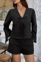 Two Pieces Tie Open Front V Neck Long Sleeve Sets | Mixtshop LLC