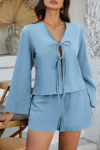 Two Pieces Tie Open Front V Neck Long Sleeve Sets | Mixtshop LLC