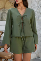 Two Pieces Tie Open Front V Neck Long Sleeve Sets | Mixtshop LLC