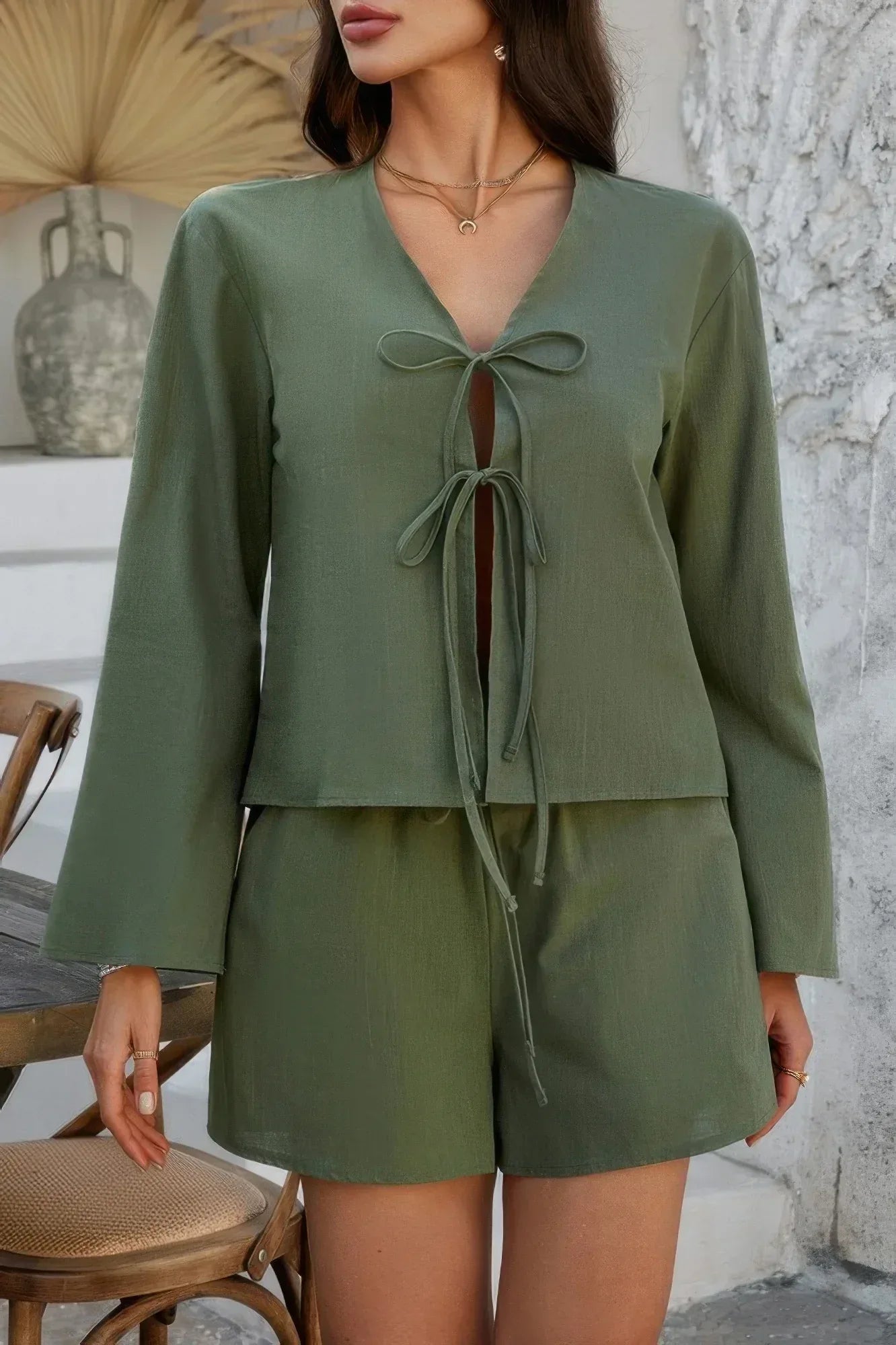 Two Pieces Tie Open Front V Neck Long Sleeve Sets | Mixtshop LLC