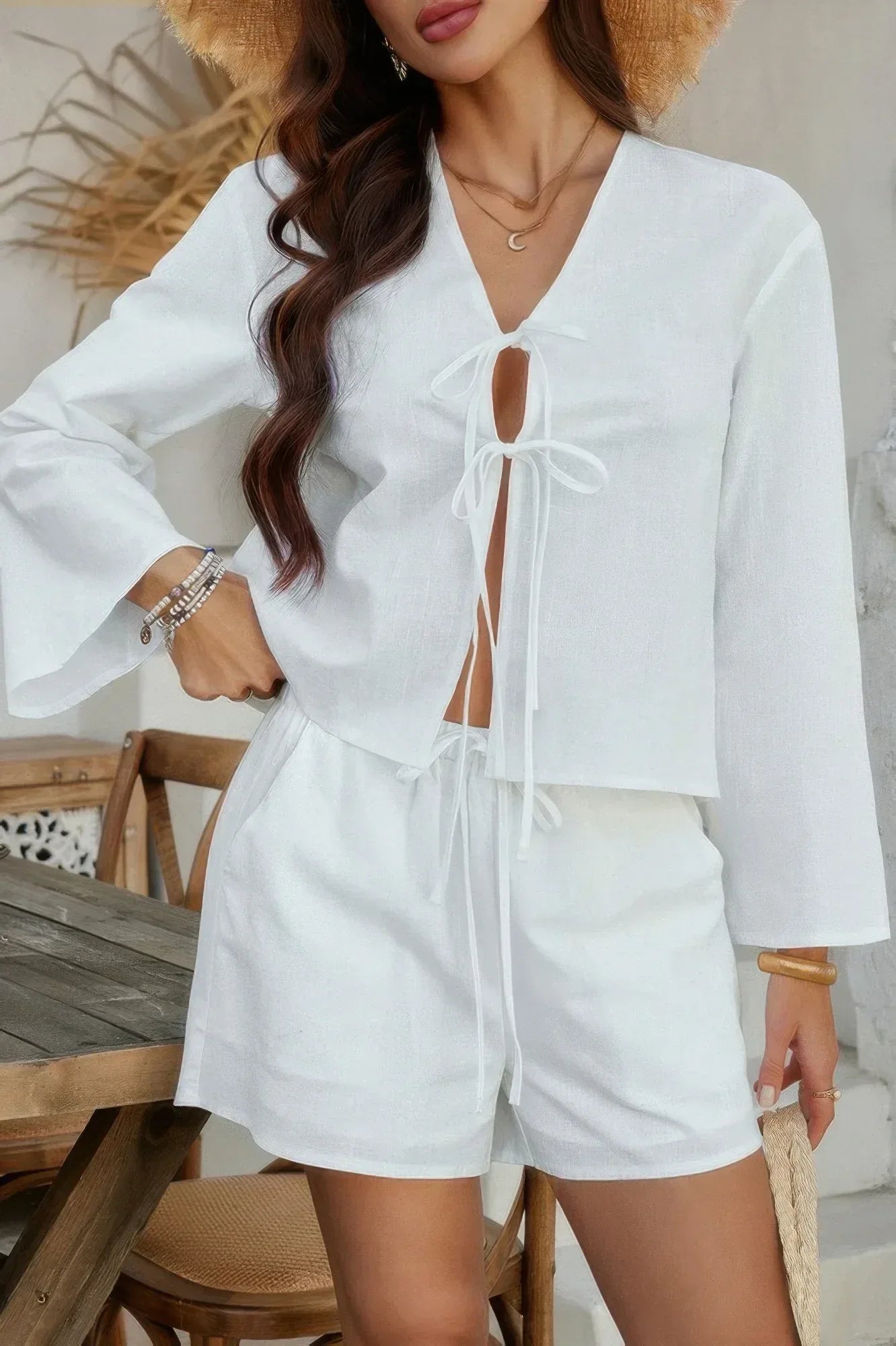 Two Pieces Tie Open Front V Neck Long Sleeve Sets | Mixtshop LLC