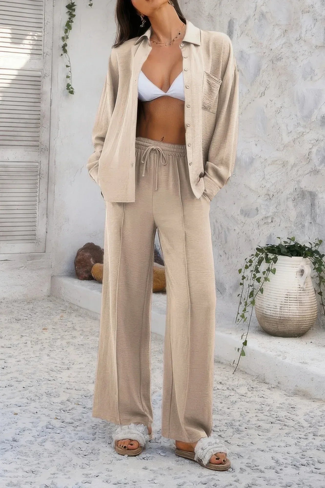 Two Pieces Solid Button Down Blouse Pant Sets | Mixtshop LLC