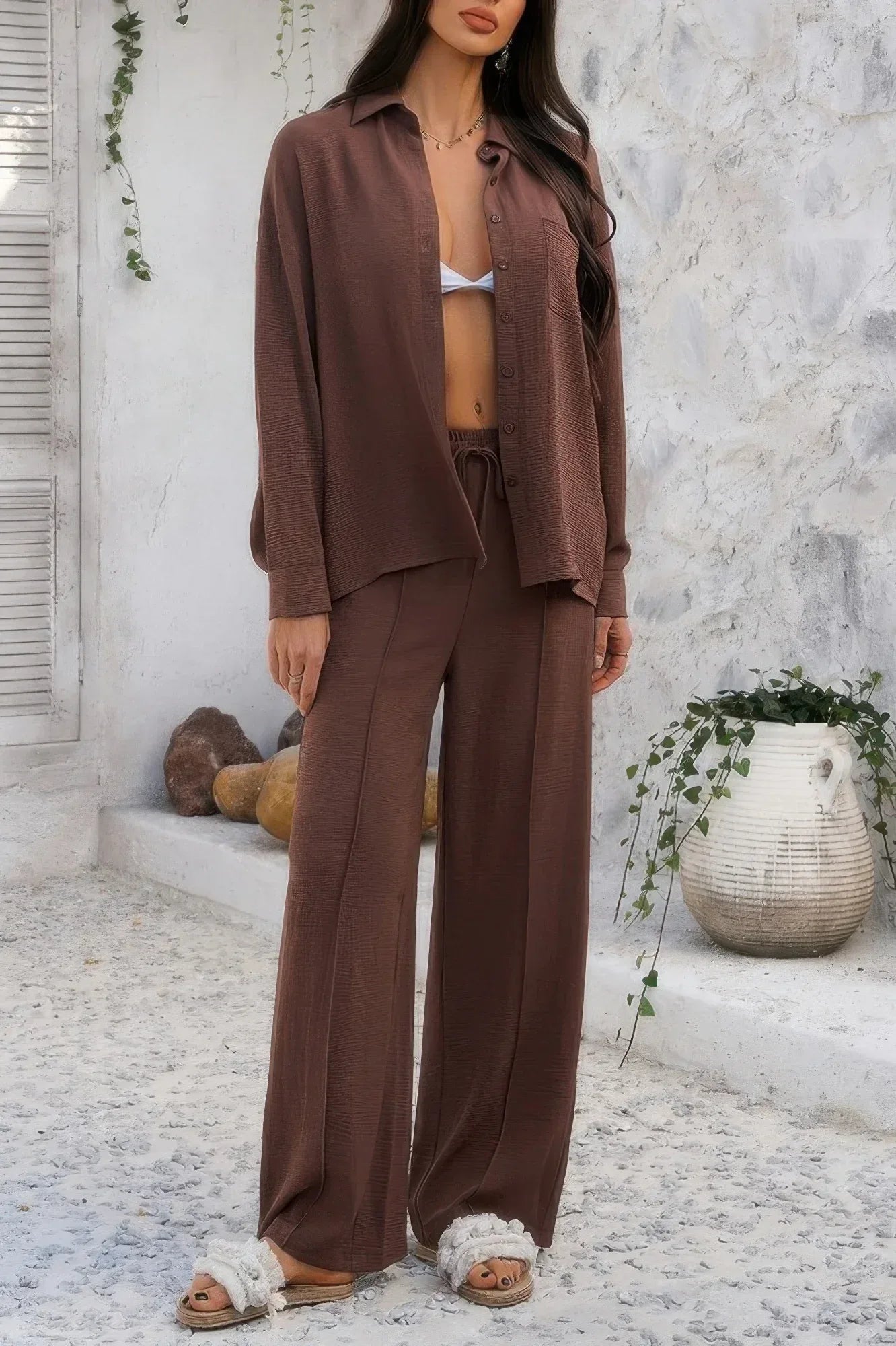 Two Pieces Solid Button Down Blouse Pant Sets | Mixtshop LLC