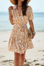 Random Print Button Down Belt Ruffle Midi Dress | Mixtshop LLC