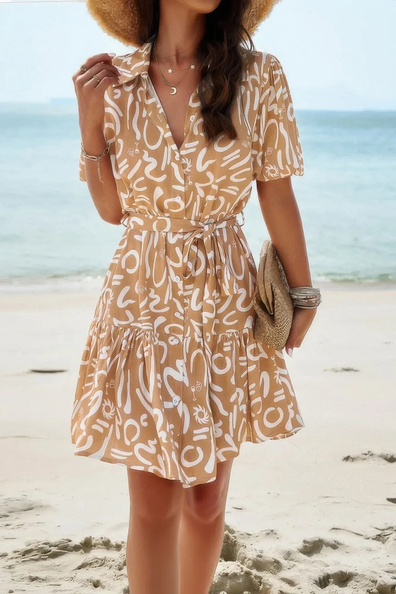 Random Print Button Down Belt Ruffle Midi Dress | Mixtshop LLC