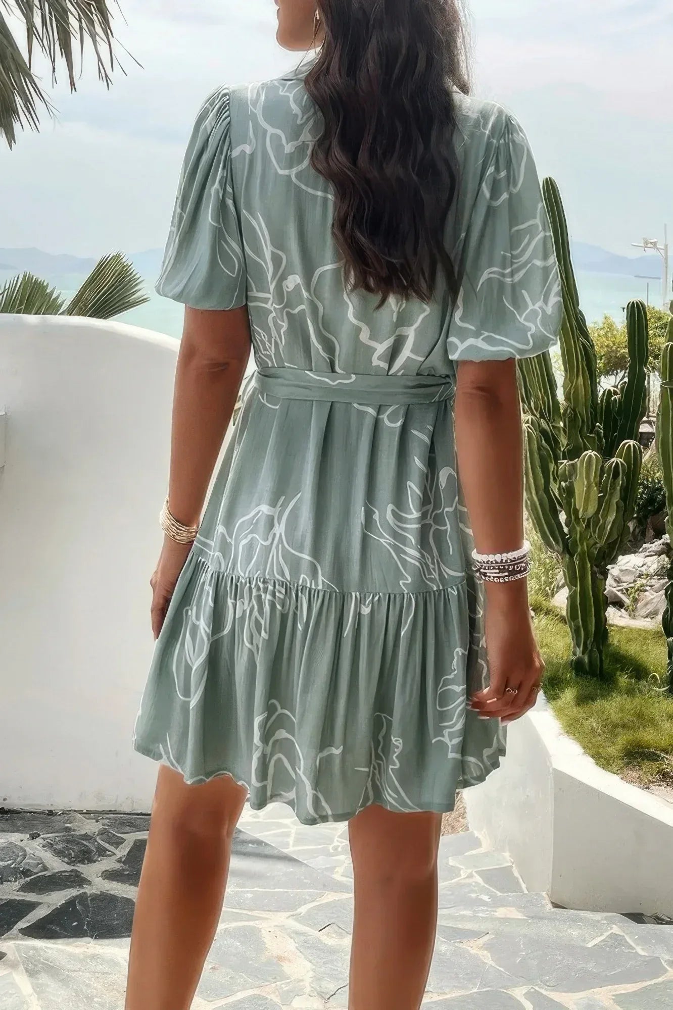 Random Print Button Down Belt Ruffle Midi Dress | Mixtshop LLC