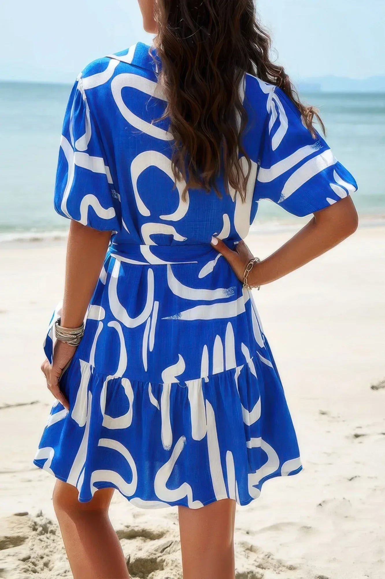 Random Print Button Down Belt Ruffle Midi Dress | Mixtshop LLC