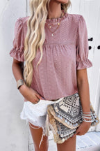 Round Neck Embroidery Ruffle Sleeve Loose Fit Shirt | Mixtshop LLC