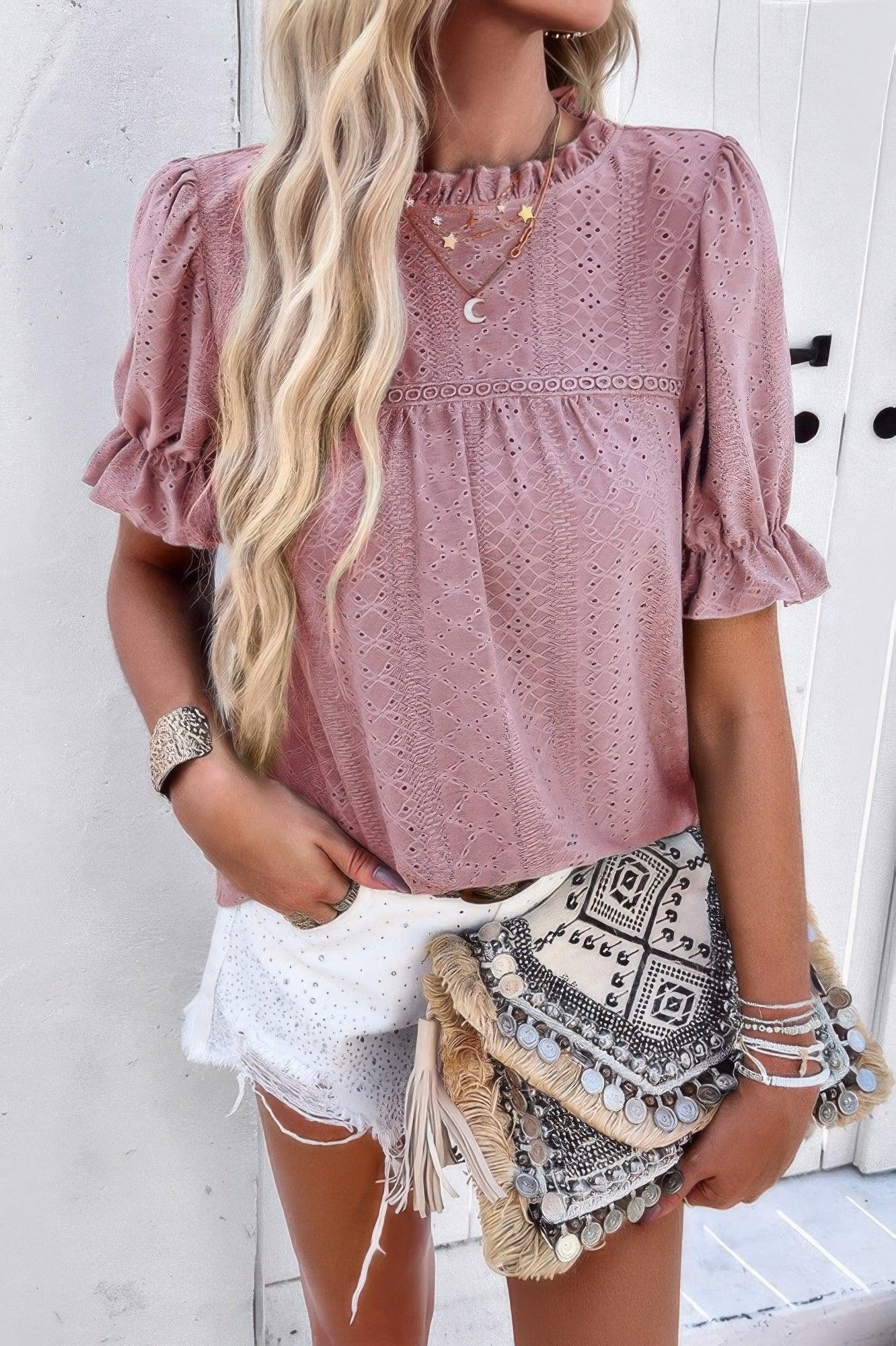 Round Neck Embroidery Ruffle Sleeve Loose Fit Shirt | Mixtshop LLC