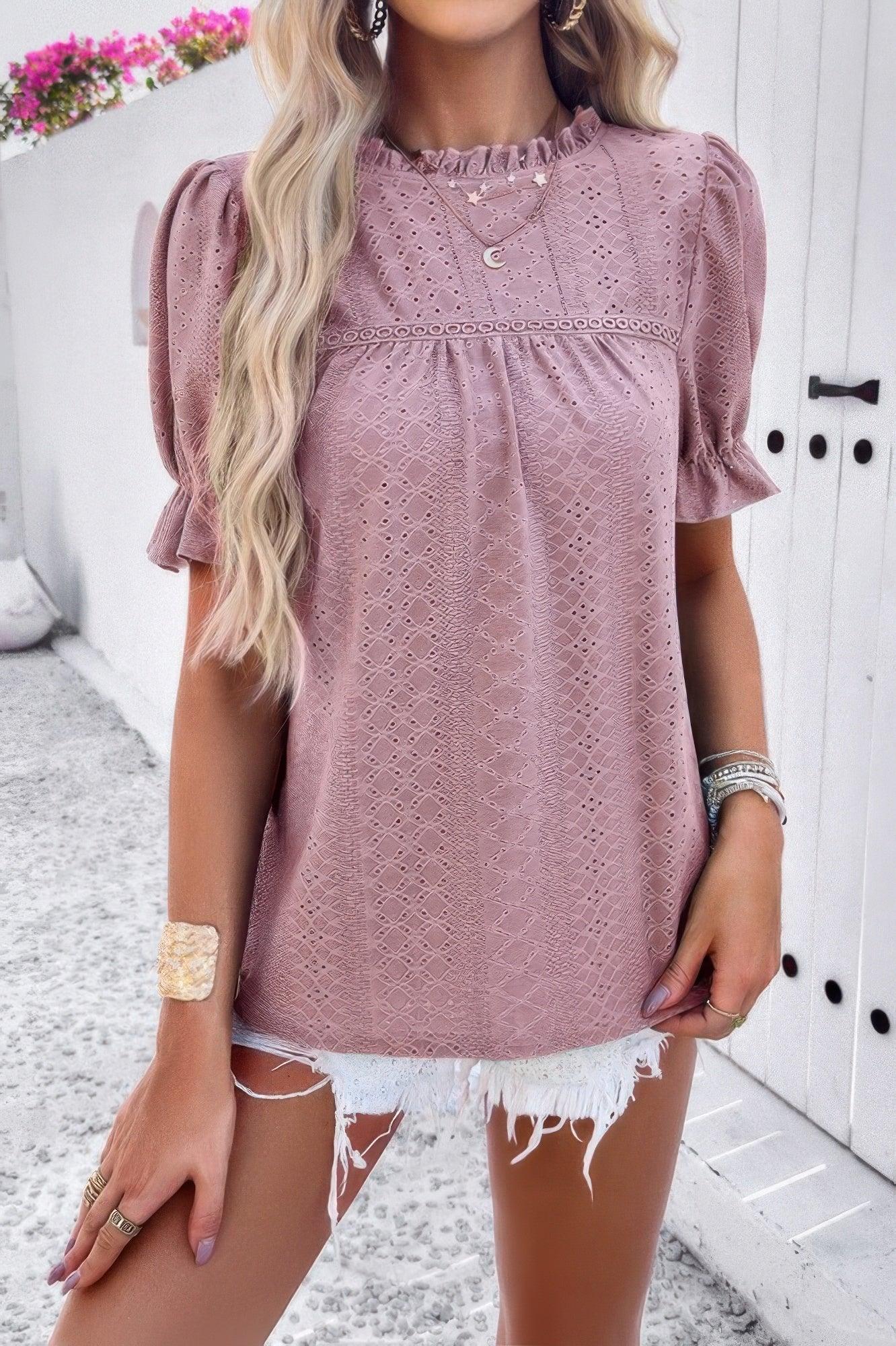 Round Neck Embroidery Ruffle Sleeve Loose Fit Shirt Secondary image