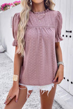 Round Neck Embroidery Ruffle Sleeve Loose Fit Shirt | Mixtshop LLC