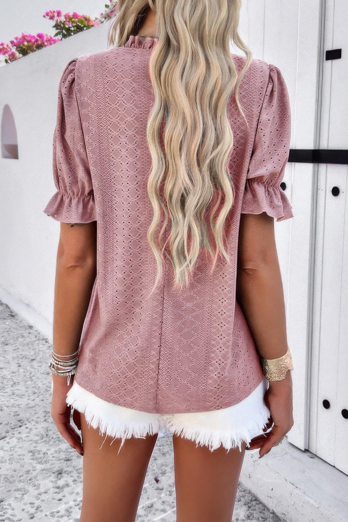Round Neck Embroidery Ruffle Sleeve Loose Fit Shirt | Mixtshop LLC