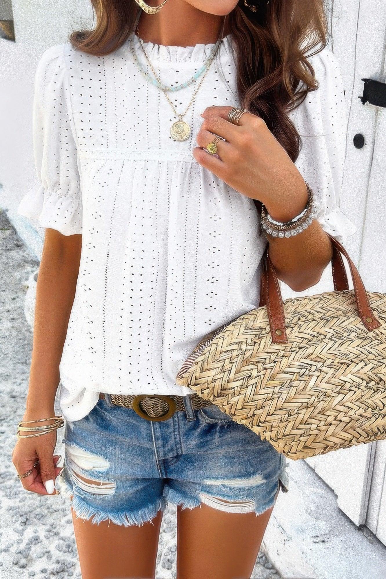Round Neck Embroidery Ruffle Sleeve Loose Fit Shirt | Mixtshop LLC