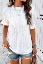 Round Neck Embroidery Ruffle Sleeve Loose Fit Shirt | Mixtshop LLC