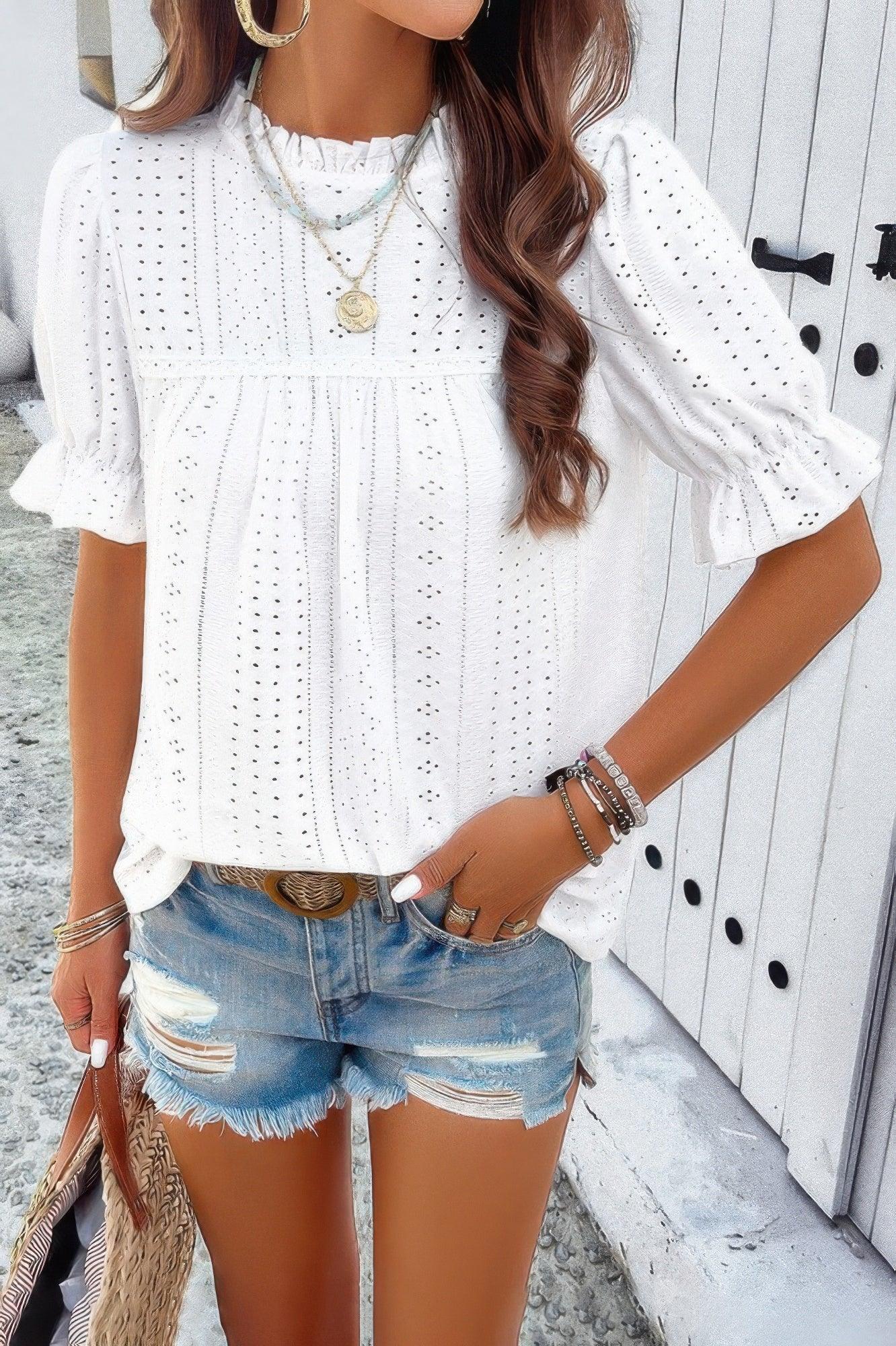 Round Neck Embroidery Ruffle Sleeve Loose Fit Shirt | Mixtshop LLC