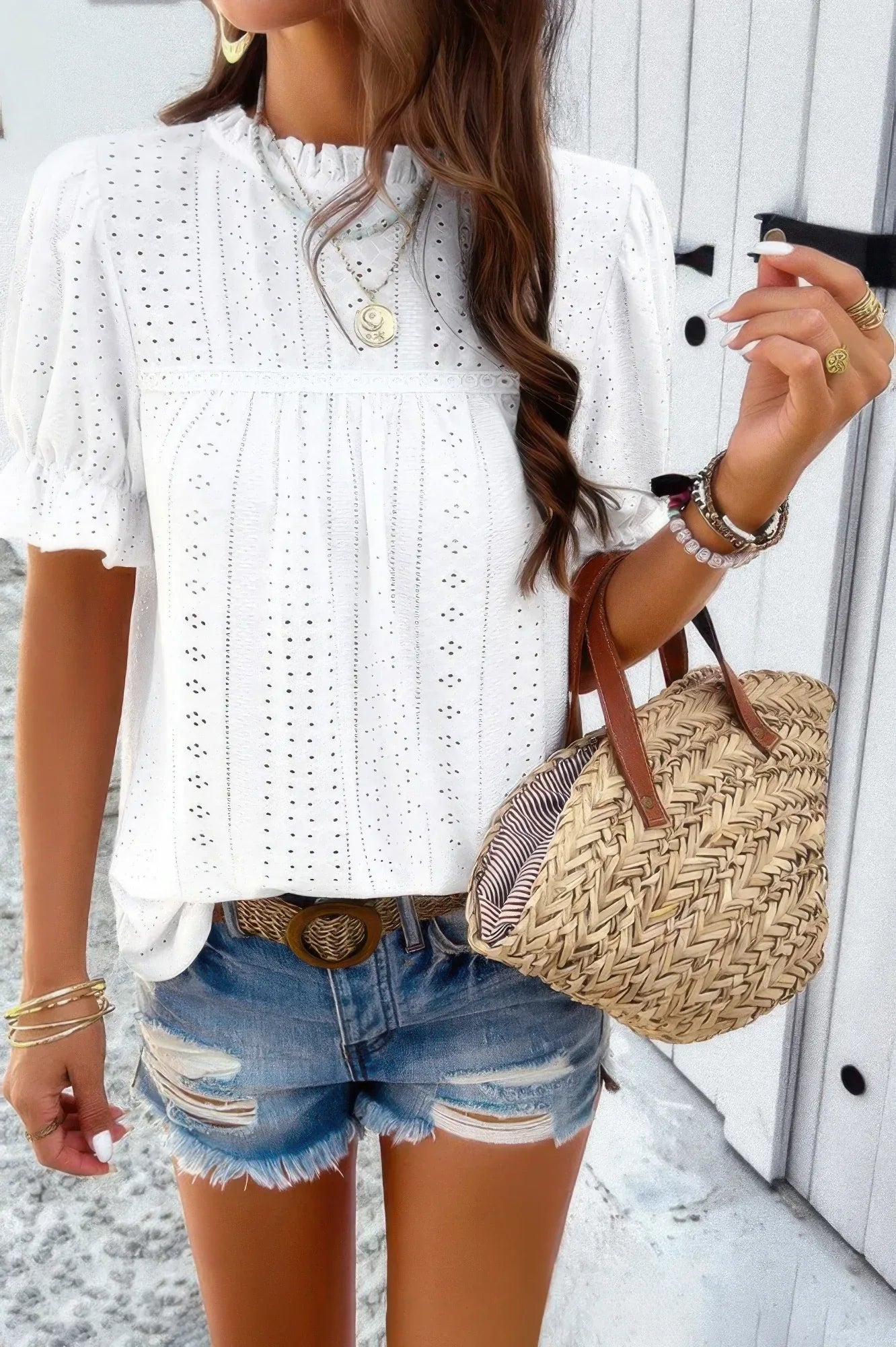 Round Neck Embroidery Ruffle Sleeve Loose Fit Shirt | Mixtshop LLC