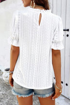 Round Neck Embroidery Ruffle Sleeve Loose Fit Shirt | Mixtshop LLC