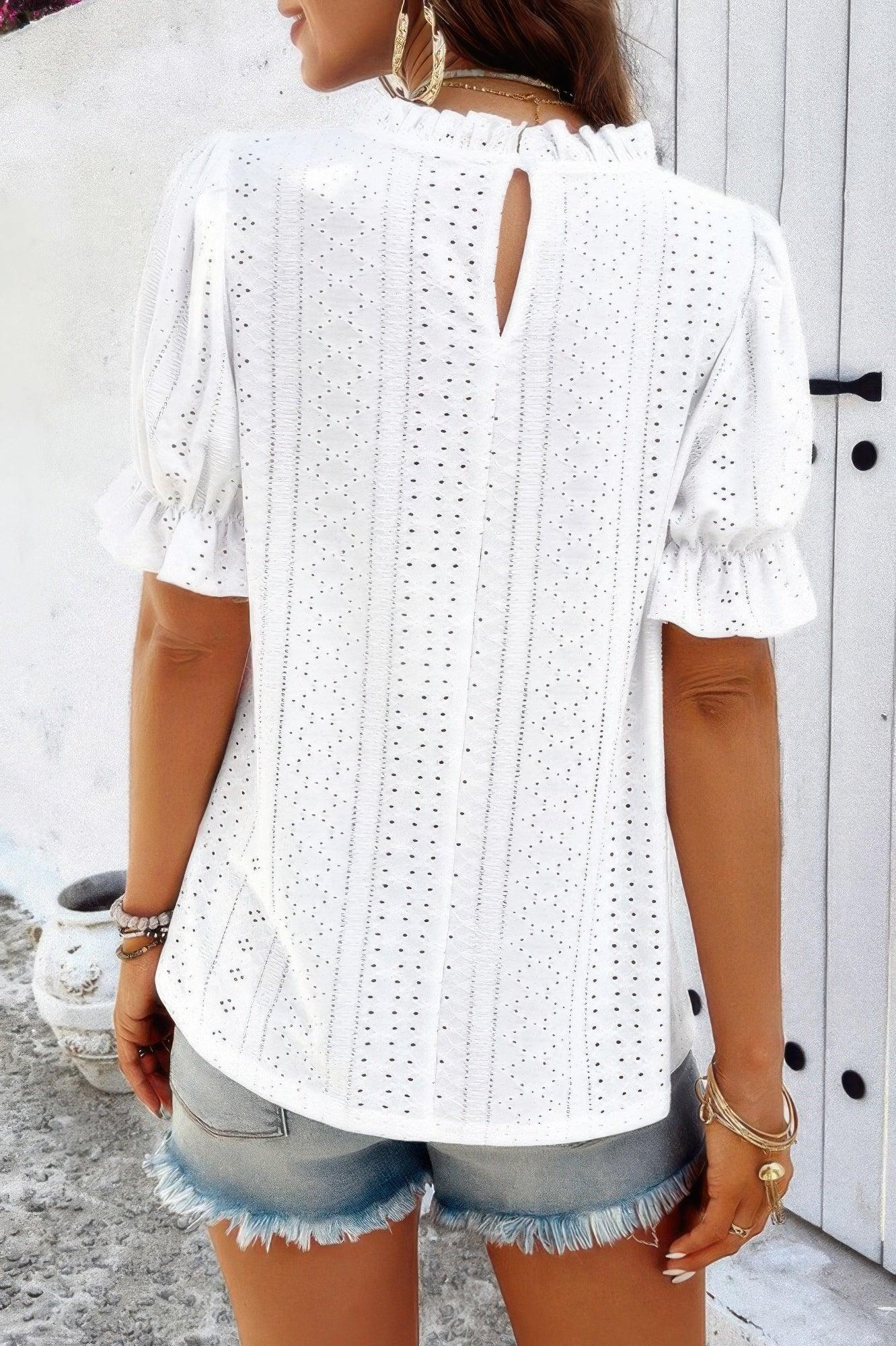Round Neck Embroidery Ruffle Sleeve Loose Fit Shirt | Mixtshop LLC