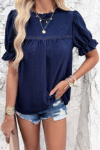 Round Neck Embroidery Ruffle Sleeve Loose Fit Shirt | Mixtshop LLC