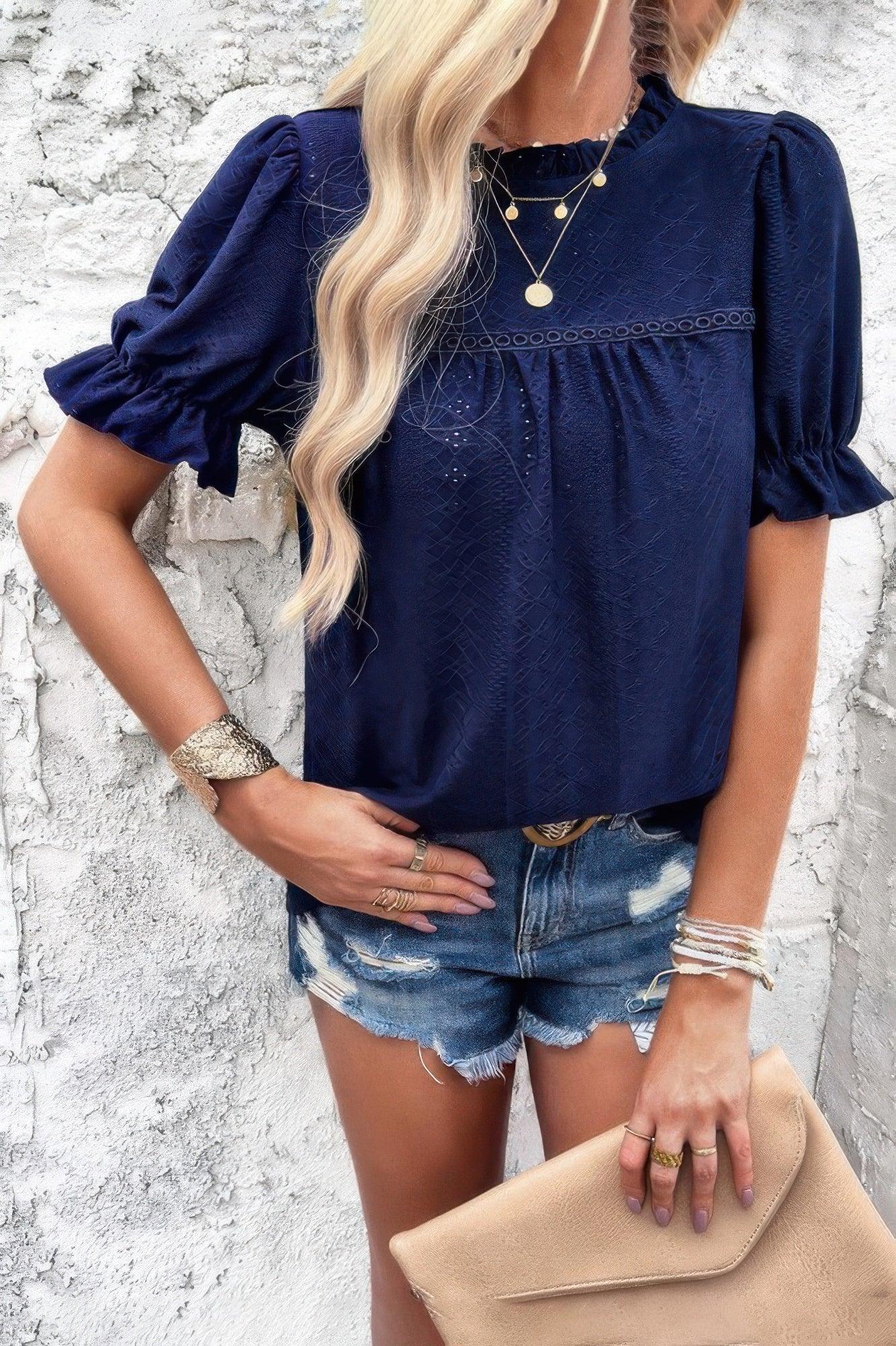 Round Neck Embroidery Ruffle Sleeve Loose Fit Shirt | Mixtshop LLC
