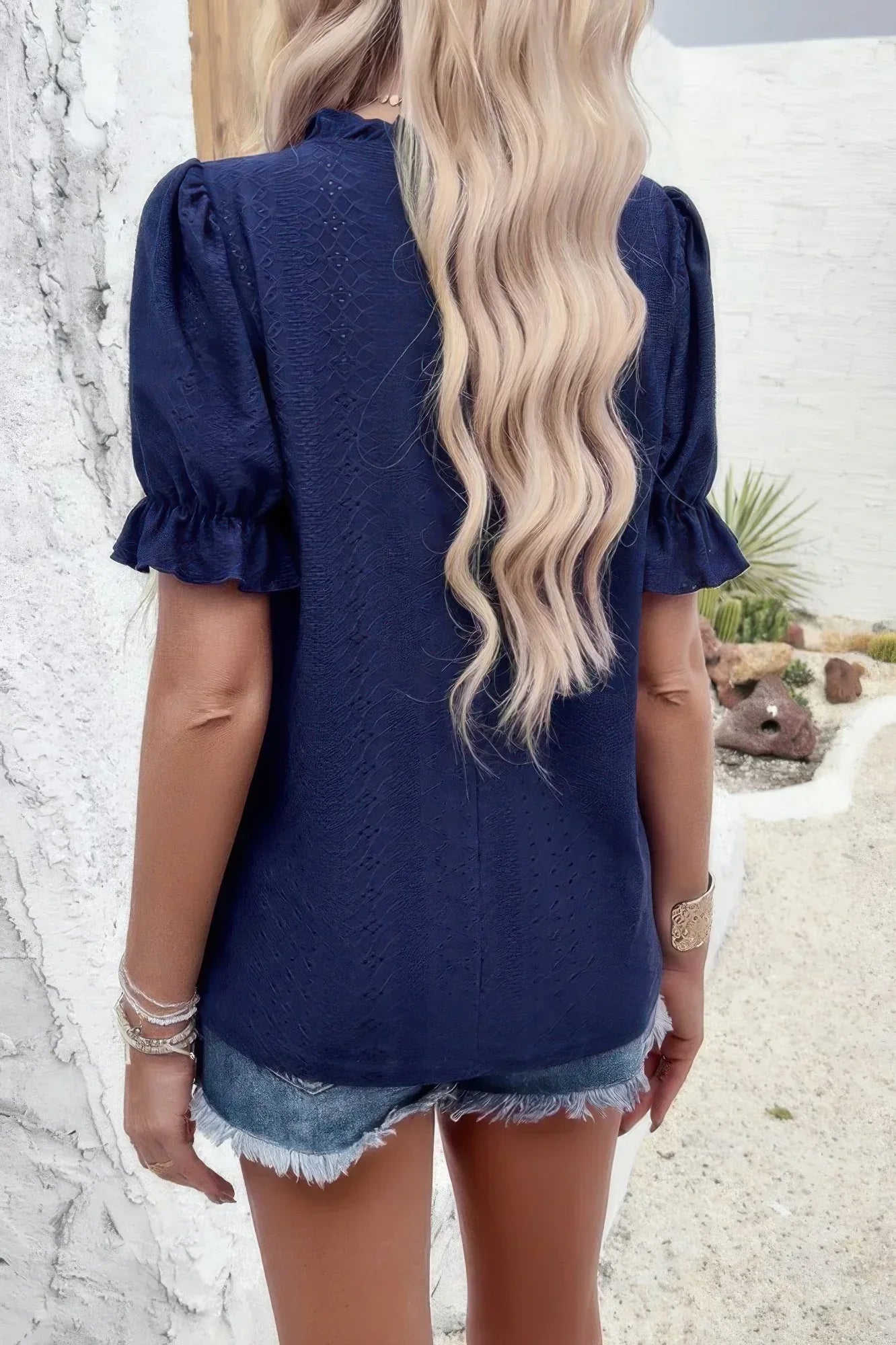 Round Neck Embroidery Ruffle Sleeve Loose Fit Shirt | Mixtshop LLC