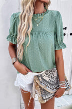 Round Neck Embroidery Ruffle Sleeve Loose Fit Shirt | Mixtshop LLC