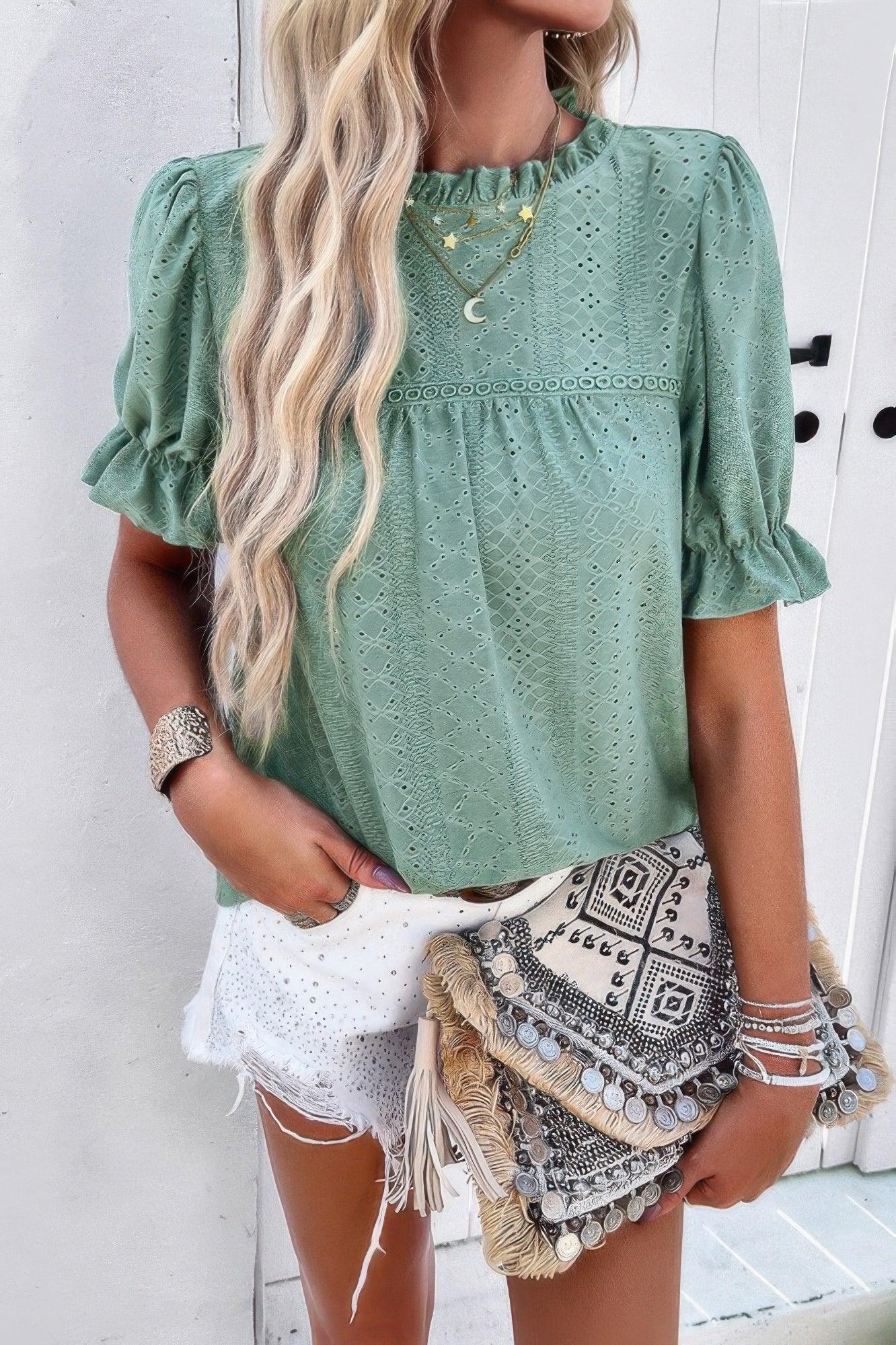 Round Neck Embroidery Ruffle Sleeve Loose Fit Shirt | Mixtshop LLC
