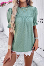Round Neck Embroidery Ruffle Sleeve Loose Fit Shirt | Mixtshop LLC