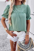Round Neck Embroidery Ruffle Sleeve Loose Fit Shirt | Mixtshop LLC