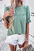 Round Neck Embroidery Ruffle Sleeve Loose Fit Shirt | Mixtshop LLC