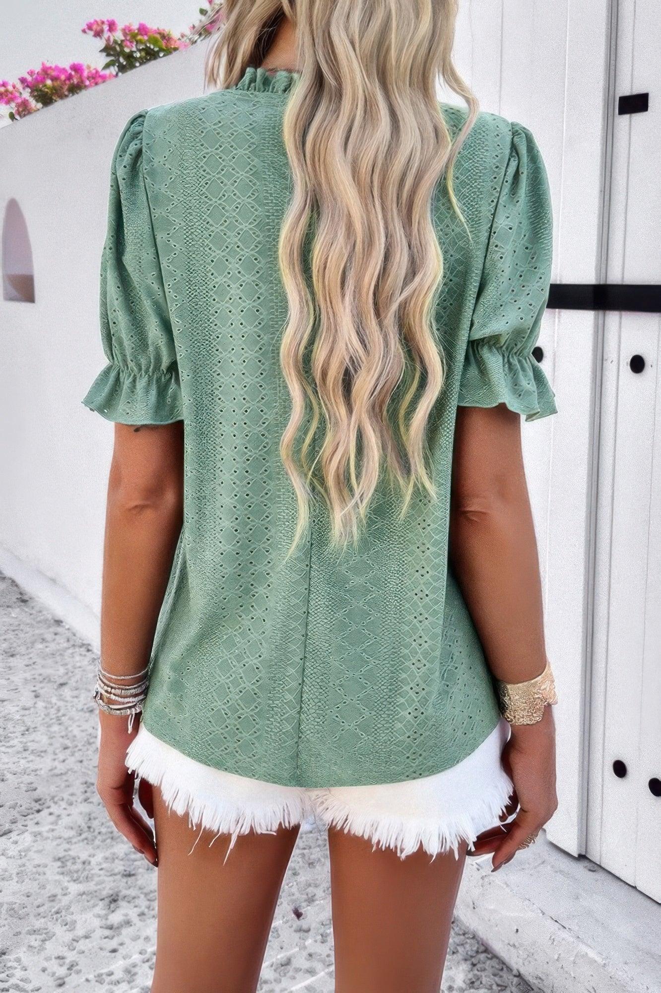 Round Neck Embroidery Ruffle Sleeve Loose Fit Shirt | Mixtshop LLC