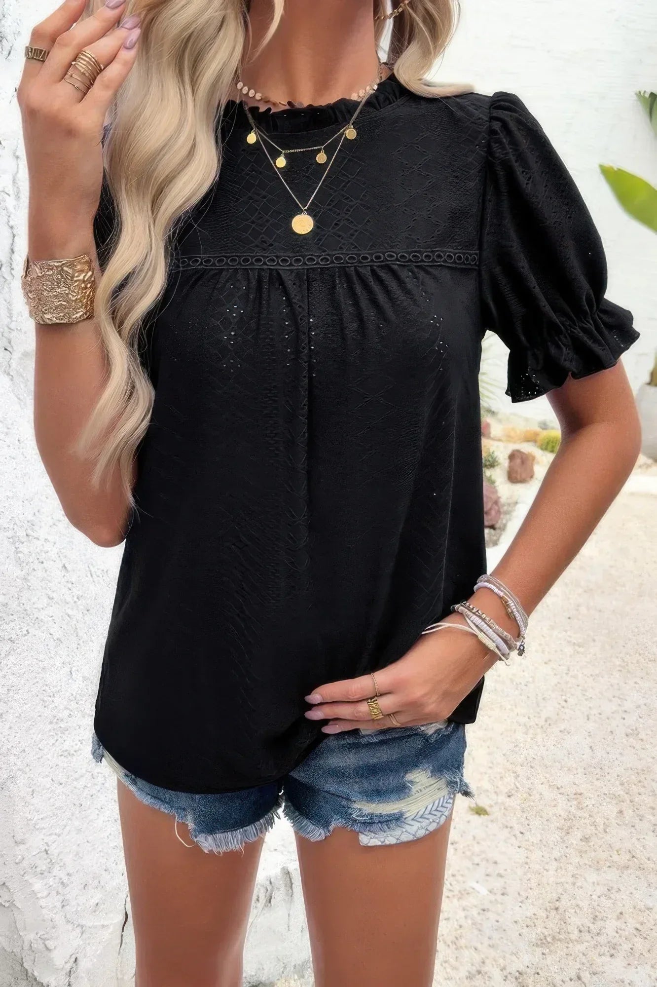 Round Neck Embroidery Ruffle Sleeve Loose Fit Shirt | Mixtshop LLC