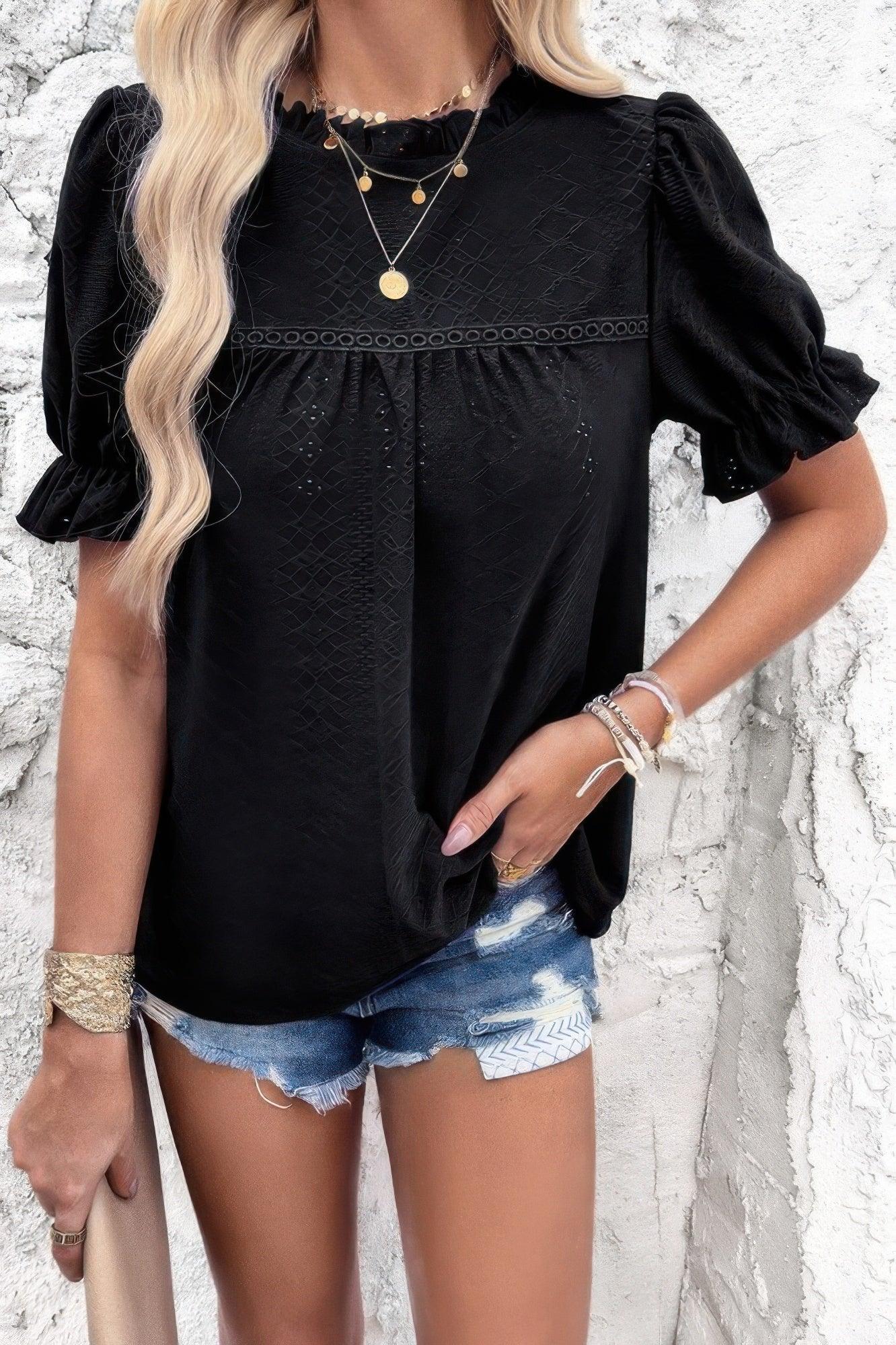 Round Neck Embroidery Ruffle Sleeve Loose Fit Shirt | Mixtshop LLC