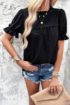 Round Neck Embroidery Ruffle Sleeve Loose Fit Shirt | Mixtshop LLC