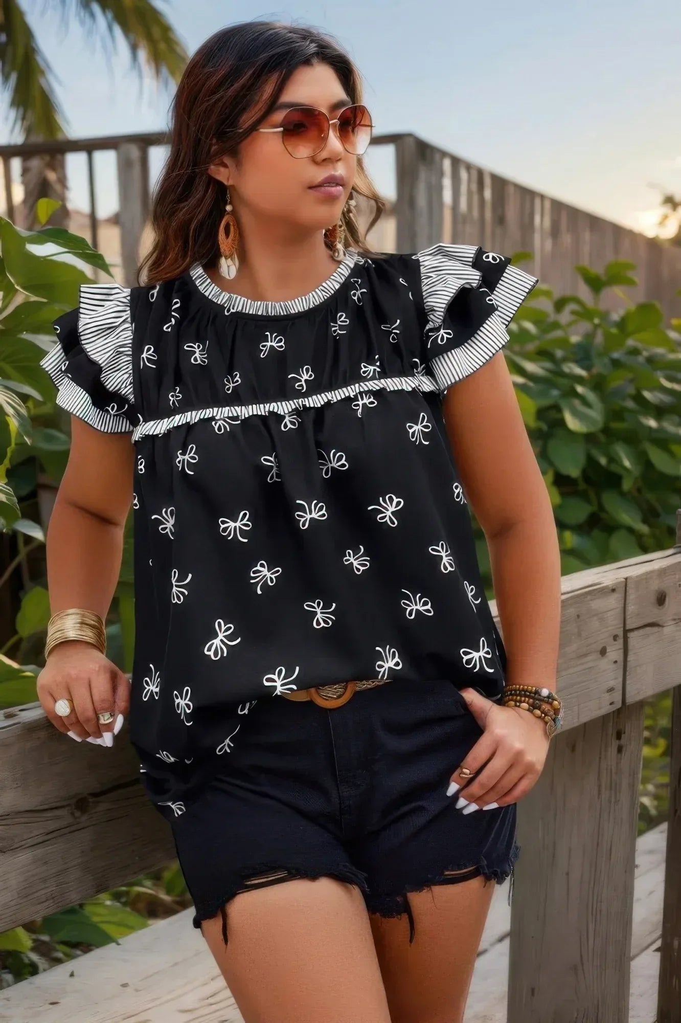 Plus Size Ruffle Hem Random Print Loose Shirt | Mixtshop LLC